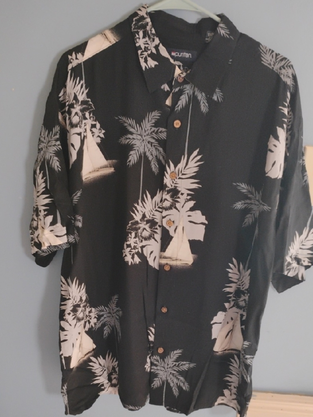 Puritan Black Short-Sleeve Tropical Print Button-Up Shirt